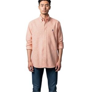 Polo Ralph Lauren Men’s Orange White Blake Micro Check Button Down Shirt Medium